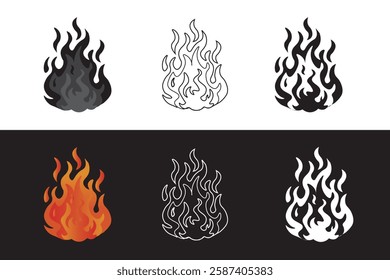 Fire flame vector icon set and silhouettes bundle. Symbol of burning fire flame collection isolated on white background. Fire sign. Vector illustration.

