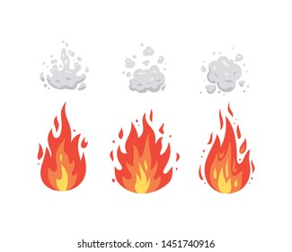 Fire flame vector icons in cartoon style. Flames of different shapes. Fireball set, flaming symbols.