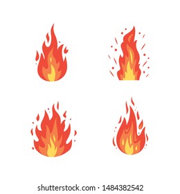 Fire flame vector icons in cartoon style. Flames of different shapes. Fireball set, flaming symbols.