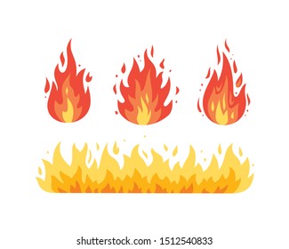 Fire flame vector icons in cartoon style. Flames of different shapes.