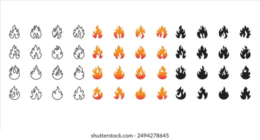 Fire flame vector icons. Flaming badge. Igniting border and lines. Stock vector illustration.