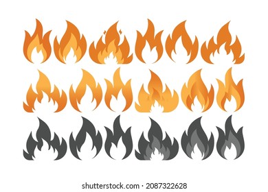 Iconos vectores de llama de fuego, símbolos en estilo de dibujos animados. Juego de bola de fuego, iconos en llamas, símbolos.