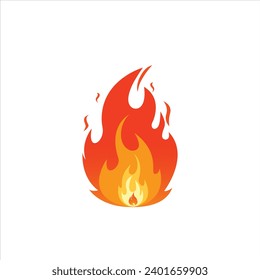 Fuego en la ilustración vectorial blanca aislada, símbolo de arte de llama que quema color naranja