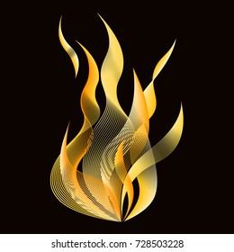 Fire flame vector illustration isolated on black. Blazing flame modern graphic design, camp fire, flare bonfire illustration made of curve lines. 