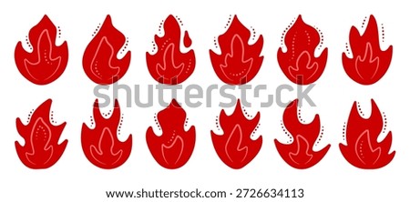 Fire and flame vector set, red icons, monochrome signs. Simple bonfire cliparts in different shapes, minimalistic color doodles, pictogram collection