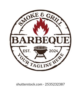 Fire Flame Vintage Retro Rustic BBQ Grill, Barbecue, Barbeque Label Stamp Logo design vector template.