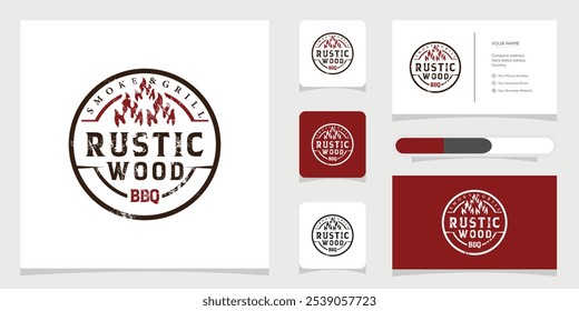 Fire Flame Antiguas Retro Rustic BBQ Grill, Barbacoa, Barbacoa Steak Label Restaurant Logo Vector de diseño