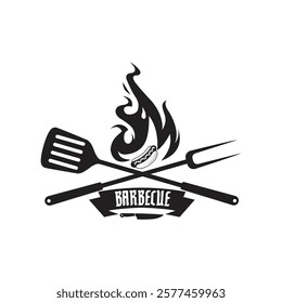 Fire flame vintage retro rustic BBQ grill, Barbecue, Barbeque label template Logo design vector