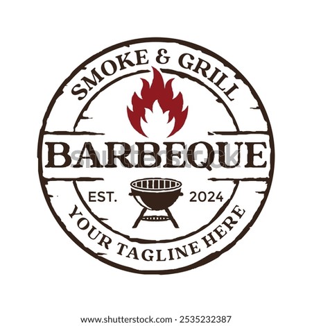 Fire Flame Vintage Retro Rustic BBQ Grill, Barbecue, Barbeque Label Stamp Logo design vector template.