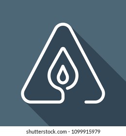 fire flame in warning triangle. linear symbol with thin outline. one line style. simple icon. White flat icon with long shadow on background