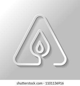 fire flame in warning triangle. linear symbol with thin outline. one line style. simple icon. Paper style with shadow on gray background