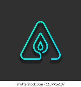 fire flame in warning triangle. linear symbol with thin outline. one line style. simple icon. Colorful logo concept with soft shadow on dark background. Icon color of azure ocean