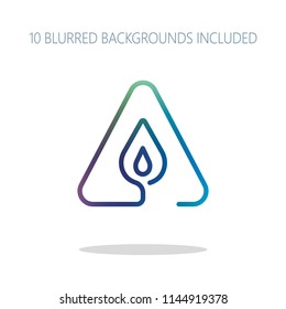 fire flame in warning triangle. linear symbol with thin outline. one line style. simple icon. Colorful logo concept with simple shadow on white. 10 different blurred backgrounds included
