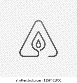 fire flame in warning triangle. linear symbol with thin outline. one line style. simple icon. On grid background