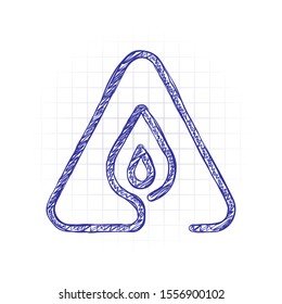 fire flame in warning triangle. linear symbol with thin outline. one line style. simple icon. Hand drawn sketched picture with scribble fill. Blue ink. Doodle on white background