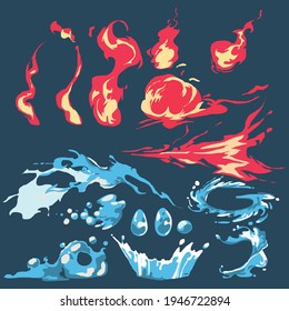 fire flame and water splash comic set. fire and water cartoon collection - vector