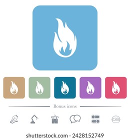 Fire flame white flat icons on color rounded square backgrounds. 6 bonus icons included