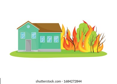Fire Flames Approaching Residential House Vector Illustration