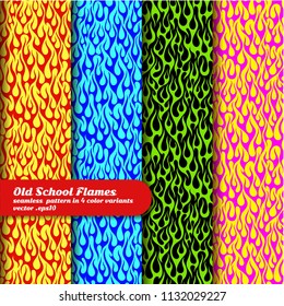 Fire flames background, old school style, seamless vector pattern set with a 4 variants of coloring