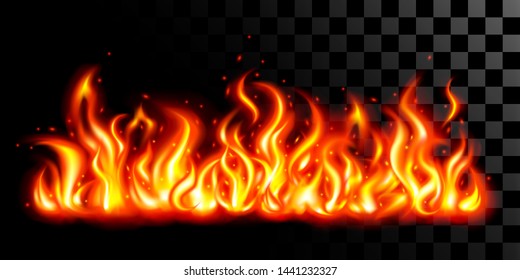 Fire flames background of red-orange colors on black transparent. Realistic vector illustration. Candle, fireplace, fire.