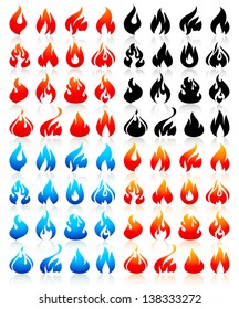 Fire flames, big set icons, vector illustration