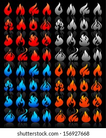 Fire flames, big set icons on a black background