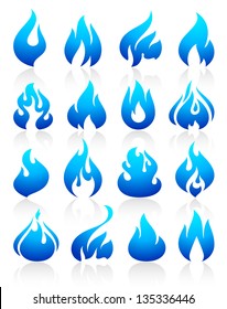 Fire flames blue, set icons, vector illustration