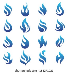 Fire flames blue, set icons, vector illustration