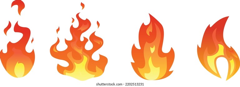 Fire Flames, Bright Fireball, Cartoon Campfire Heat Isolated Icons Set.