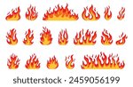 Fire flames, bright fireball, heat wildfire and red hot bonfire, campfire, red fiery flames isolated vector illustration set. Animated form and square, fireball and flame	
