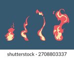 Fire flames, bright fireball, heat wildfire and red hot bonfire, campfire, red fiery flames isolated vector illustration set. Animated form and square, fireball and flame