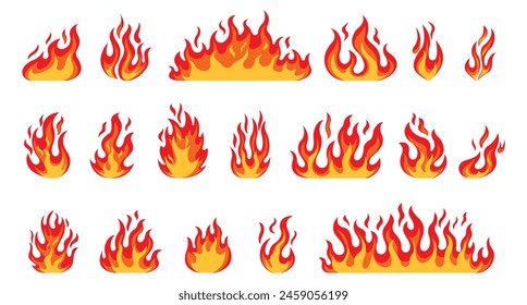 Fire flames, bright fireball, heat wildfire and red hot bonfire, campfire, red fiery flames isolated vector illustration set. Animated form and square, fireball and flame	
