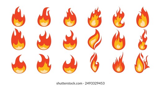 Fire flames, bright fireball, heat wildfire and red hot bonfire, campfire, red fiery flames isolated vector illustration set. Animated form and square, fireball and flame