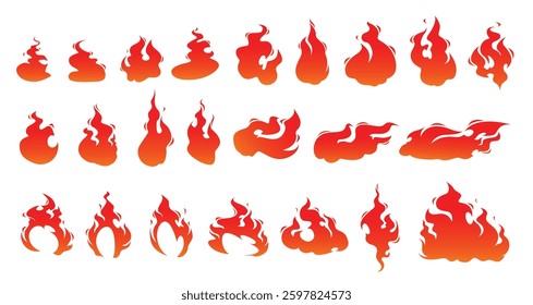 Fire flames, bright fireball, heat wildfire and red hot bonfire, campfire, red fiery flames isolated vector illustration set. Animated form and square, fireball and flame	