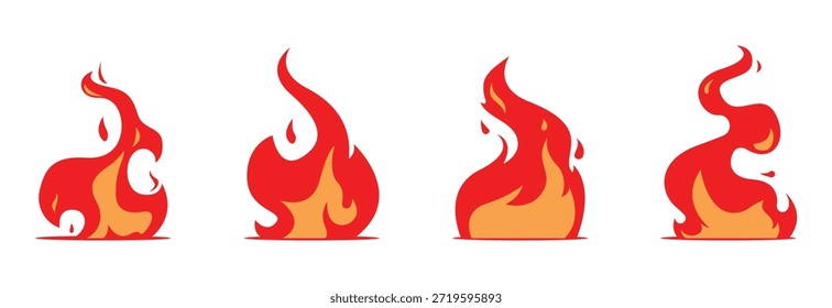 Chama de fogo, bola de fogo brilhante, fogo selvagem de calor e fogueira quente vermelha, fogueira, chamas de fogo vermelho isoladas conjunto de ilustração vetor. 