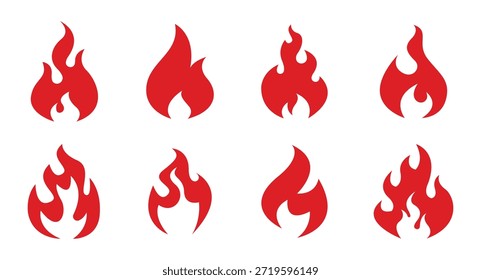 Chama de fogo, bola de fogo brilhante, fogo selvagem de calor e fogueira quente vermelha, fogueira, chamas de fogo vermelho isoladas conjunto de ilustração vetor. Forma animada e quadrada, bola de fogo e chama	
