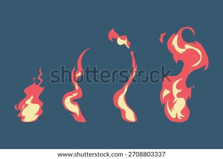 Fire flames, bright fireball, heat wildfire and red hot bonfire, campfire, red fiery flames isolated vector illustration set. Animated form and square, fireball and flame