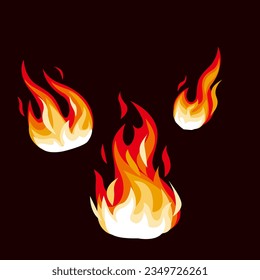 Fire flames, bright fireballs, hot flames and red hot bonfires, bonfires, red fiery flames isolated vector illustration set. Fireball animation shape