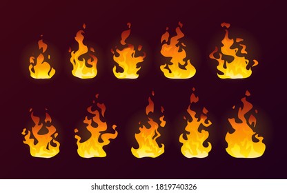 Fire flames burning icons, isolated cartoon flat set on vector background. Realistic dire flames of campfire or red fiery hot explosion and torch with smoke effect, abstract flame of orange red blaze