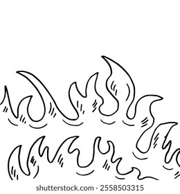 Fire flames cartoon drawing doodle illustration on square white background.