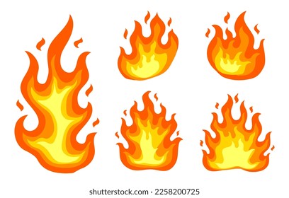 Elementos de dibujos animados sobre llamas de fuego. Iconos de diseño de llama, iluminación de combustión vector colección aislada. Símbolos cálidos o calientes