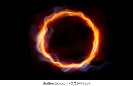 Llamas de fuego en un círculo sobre un fondo transparente, efecto fuego, humo de neón. Ilustración vectorial