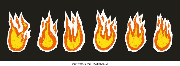 Fire flames collage paper cutouts icons. Pastel or crayon pencil texture grill shapes. Doodle flames vector illustration set with rough texture, scrapbook graphics. Stickers hot bonfire elements.