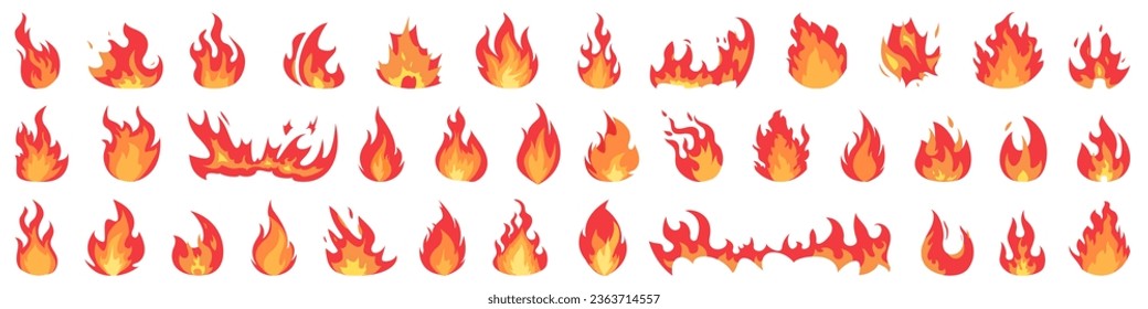 Fire flames collection in a flat design. Red and orange fire flame. Fireball logo. Burning fire icons