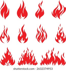 Fire flames collection isolated on black background, movement of fire flames