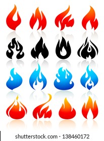 Fire flames colorful, set icons, vector illustration