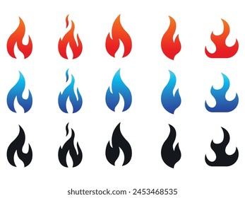 Fire flames colorful, set icons, vector illustration.