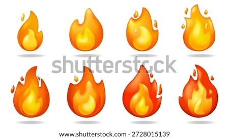 Fire flames concept of 3D illustration set for modern web design. Collection with glossy orange, yellow and red blaze igniting step by step. Simple burn flammable shape symbols. Vector illustration.