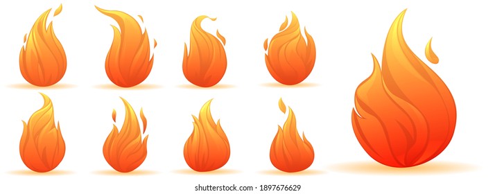 Las llamas de fuego son diferentes formas de color y superficie de la llama. Fuego de caricaturas aislado en fondo blanco. Ilustración de vectores