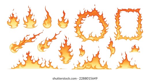 Fire and flames of different shapes and sizes flat set isolated on white background vector illustration